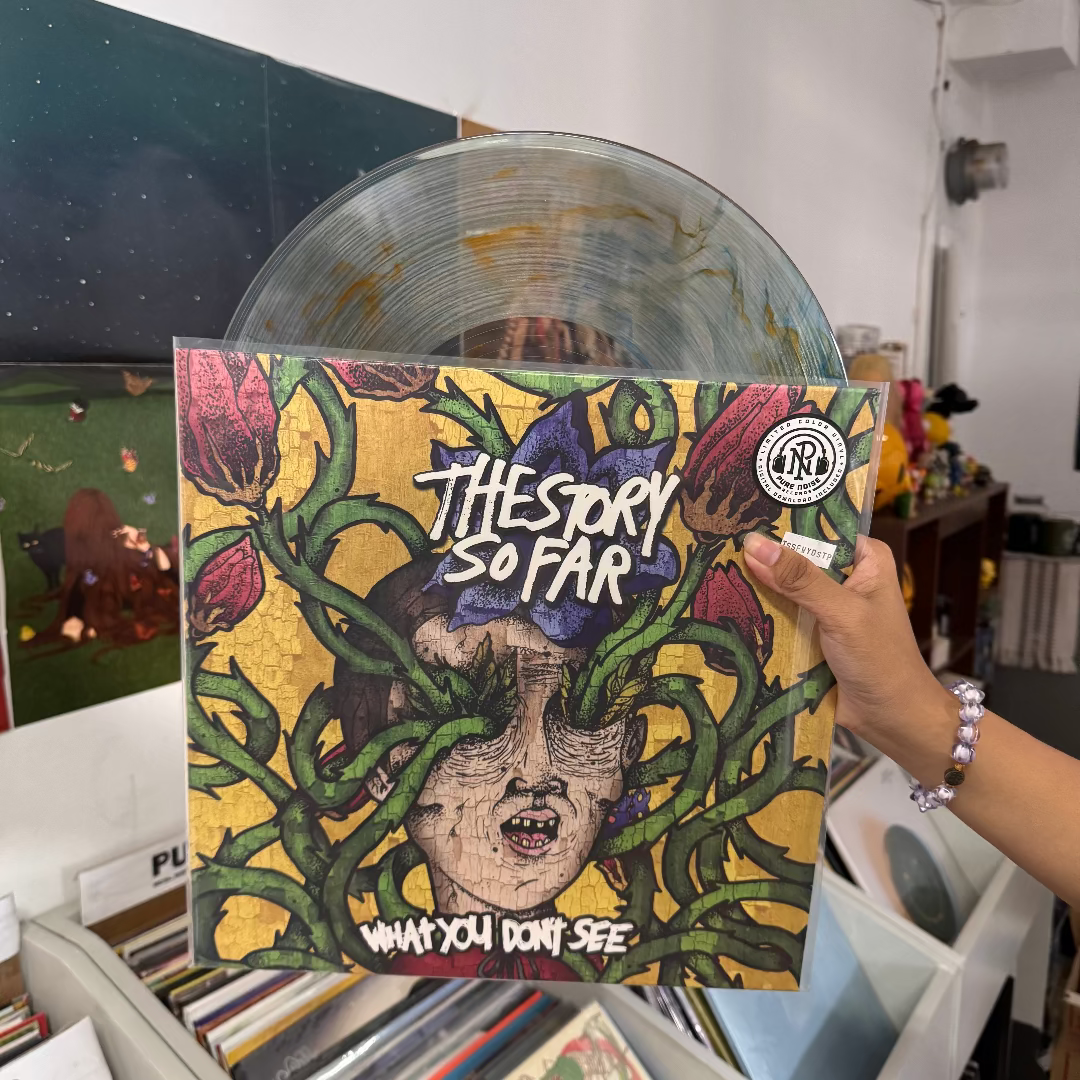 Person holding a vinyl record with colorful cover in a store setting