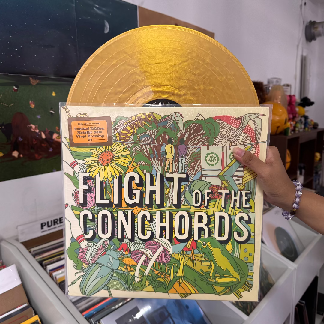 Vinyl record with 'Flight of the Conchords' cover held by a hand in a record store.
